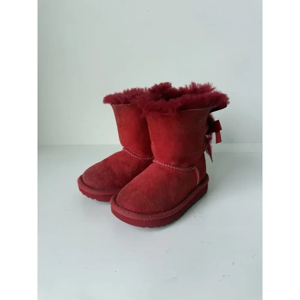 UGG Bailey Bow Boots Toddler Girls 7 Red Suede Sheepskin Fur
